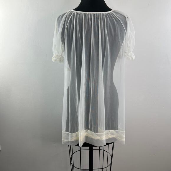 Vintage Movie Star White Sleep Robe Sheer Floral Lace Scoop Neck Tie Sz S Small - Picture 10 of 12